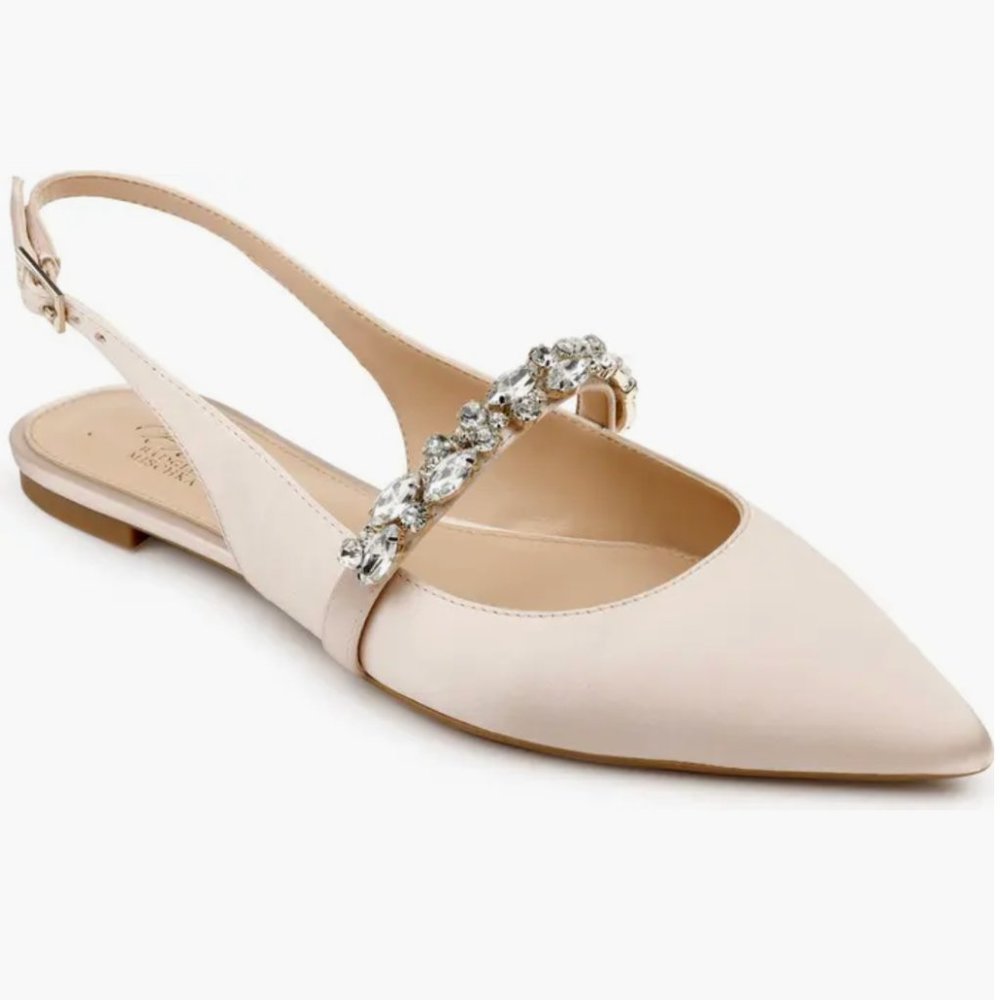 Jewel Badgley Mischka Bambi Slingback Skimmer Flats - Champagne Satin - US 8